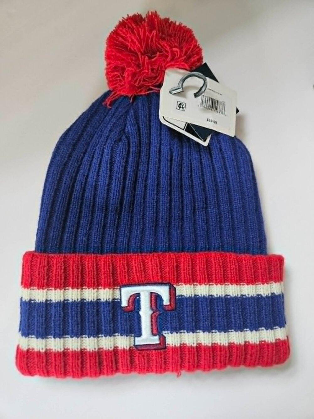 NWT MLB Texas Rangers Crevasse Knit Hat Red White Blue PomPom Official Tailgate